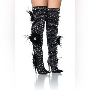 AZALEA WANG TARYN BLACK SATIN FEATHER FLOWER THIGH HIGH BOOT New NIB AKIRA